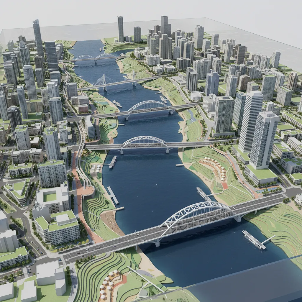 urban planning simulation with river terrain model and bridges