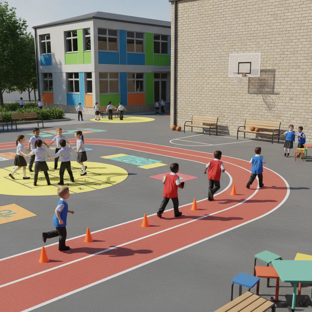 Students playing structured games on a small urban school playground with activity zones