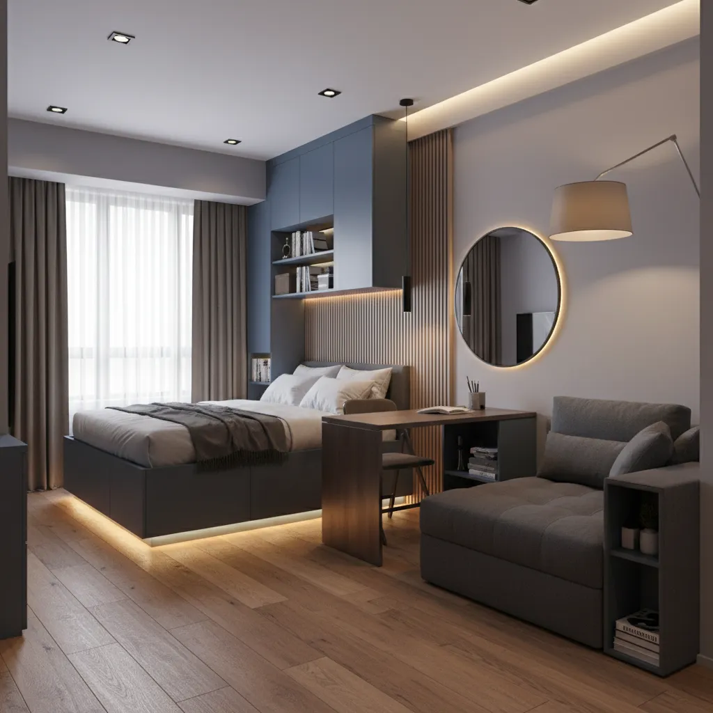 Optimized studio apartment layout with convertible furniture and clear walking paths
