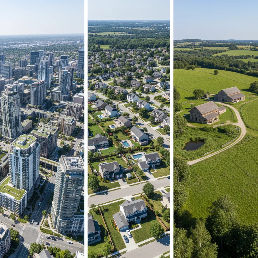 visual comparison of urban suburban and rural residential housing environments