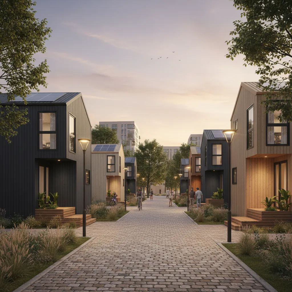 urban tiny house development with compact homes along pedestrian street