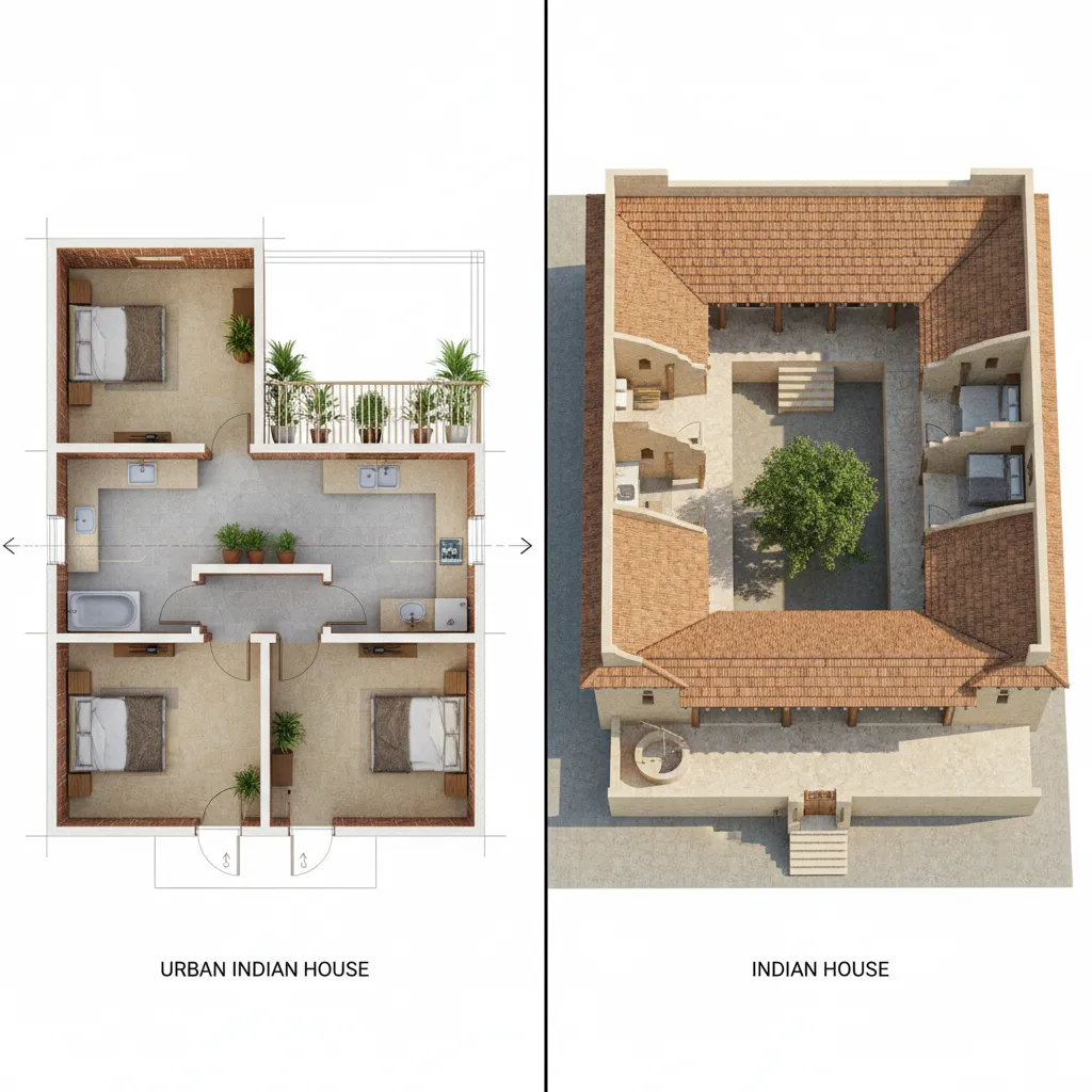 Comparison of compact urban Indian house layout and spacious rural house design