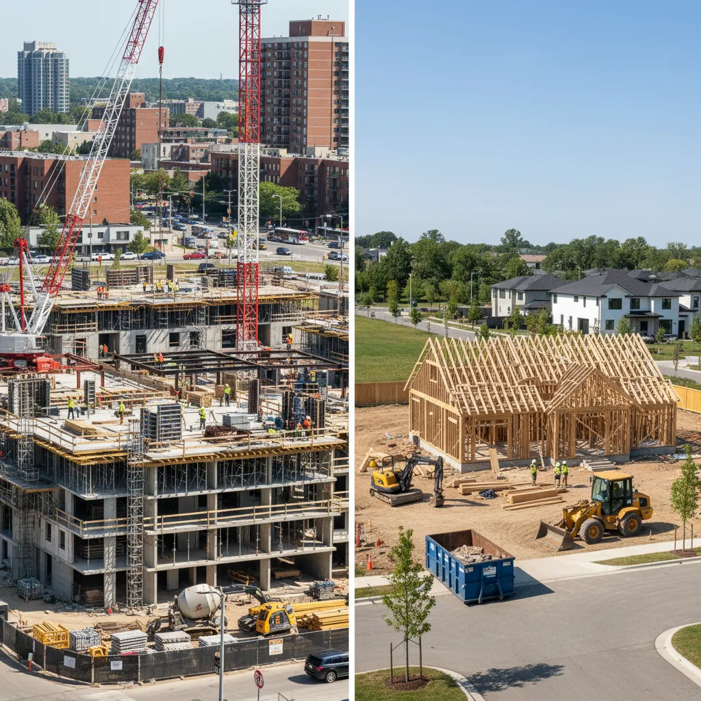 Urban construction site compared with suburban home building site