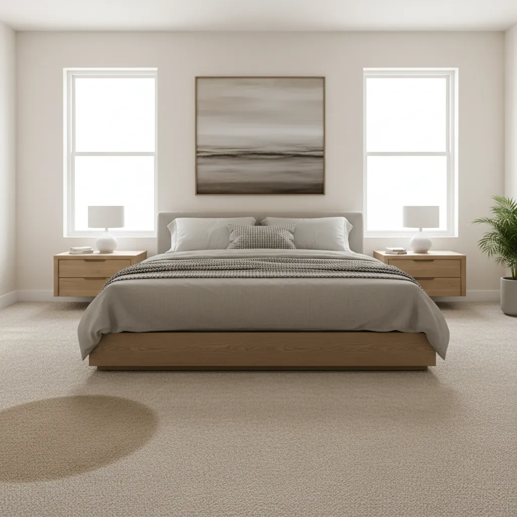 bedroom carpet area where urine odor source is located near the bed