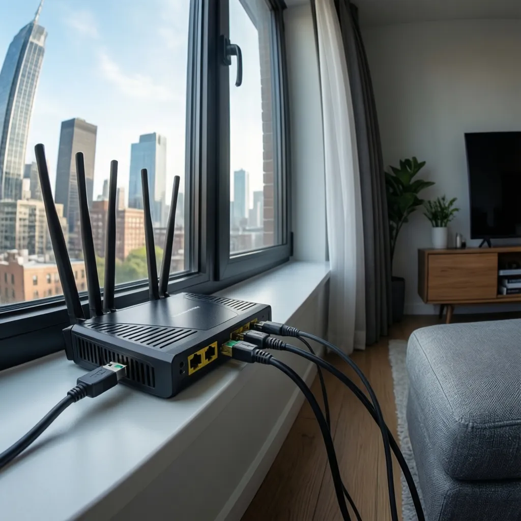 Modem USB colocado cerca de una ventana para mejorar la señal móvil