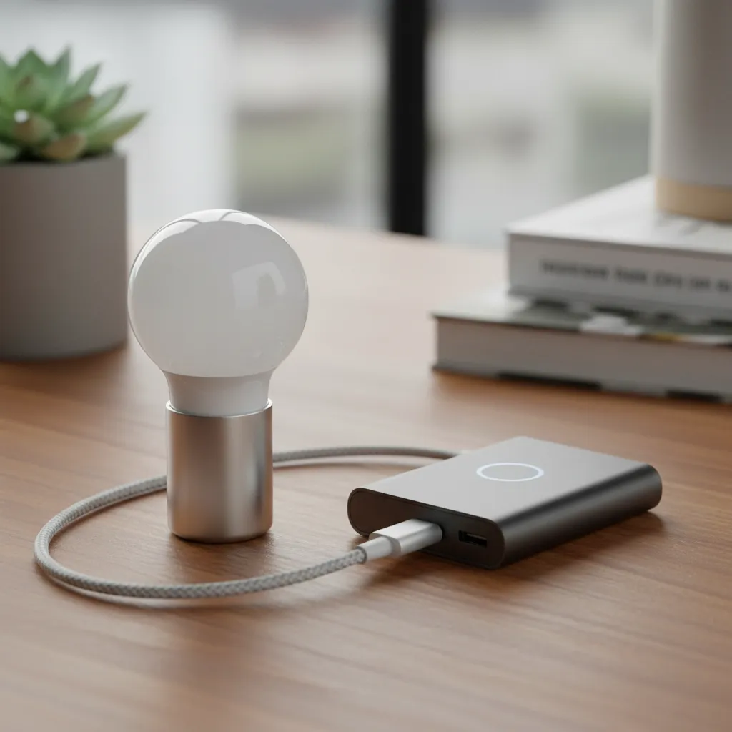 USB cable charging a portable rechargeable LED bulb