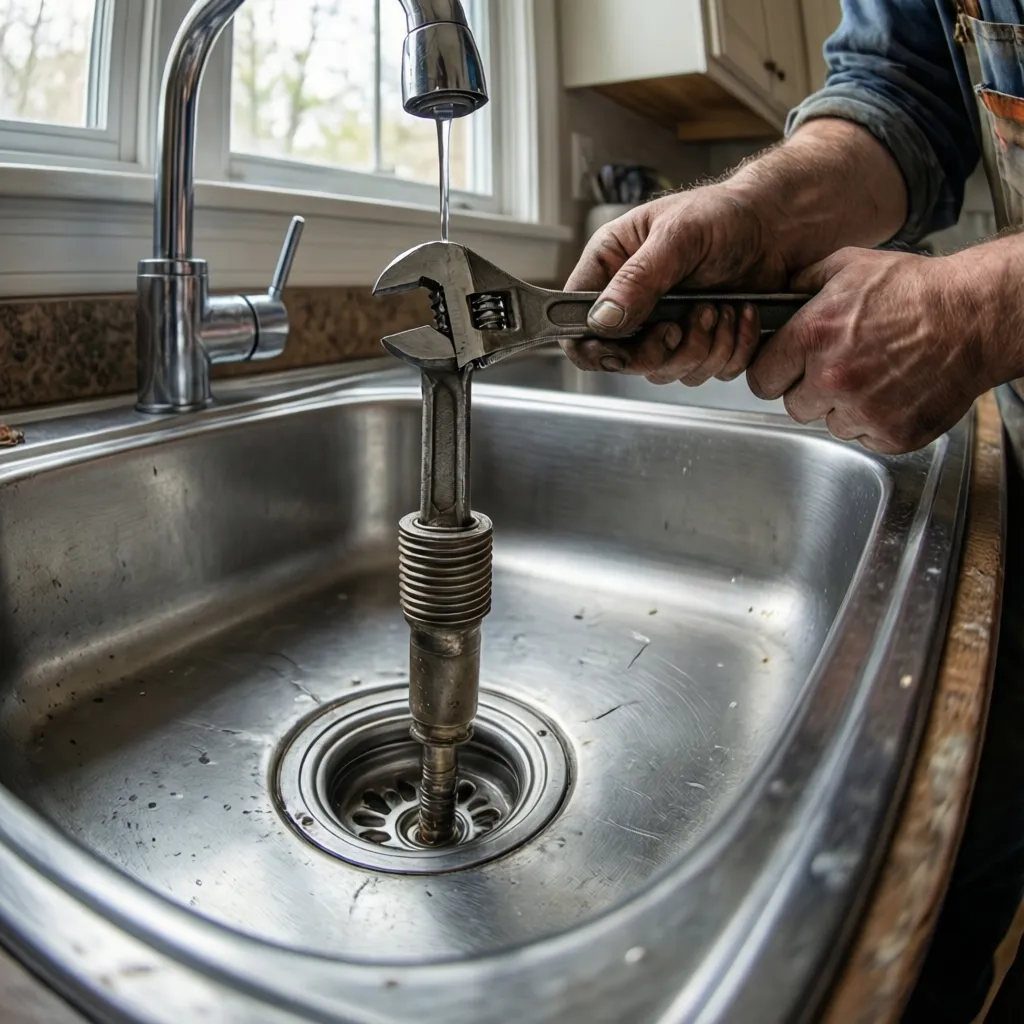 Drain wrench inserted into kitchen sink flange for removal