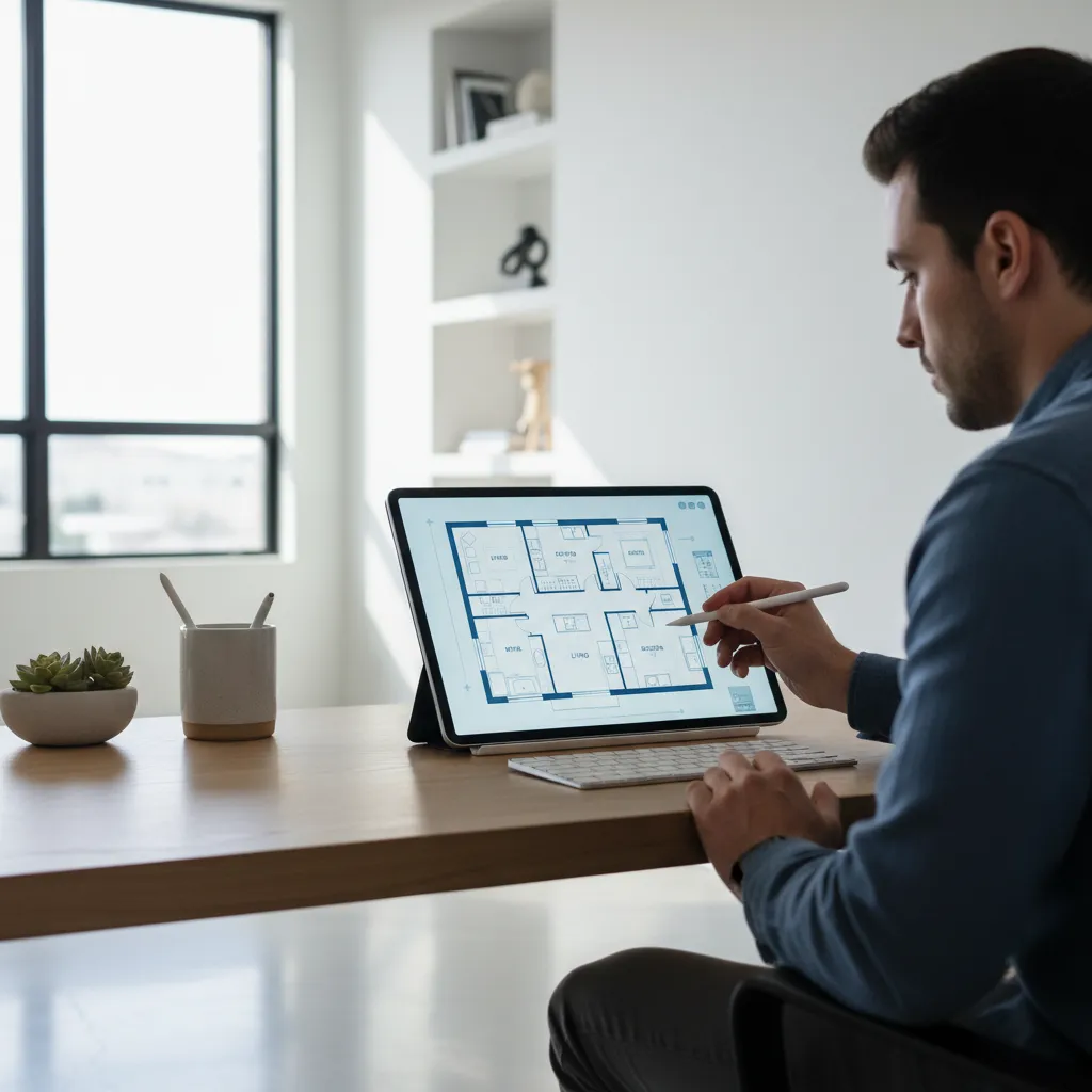 Person designing a home layout using a floor plan app on a tablet