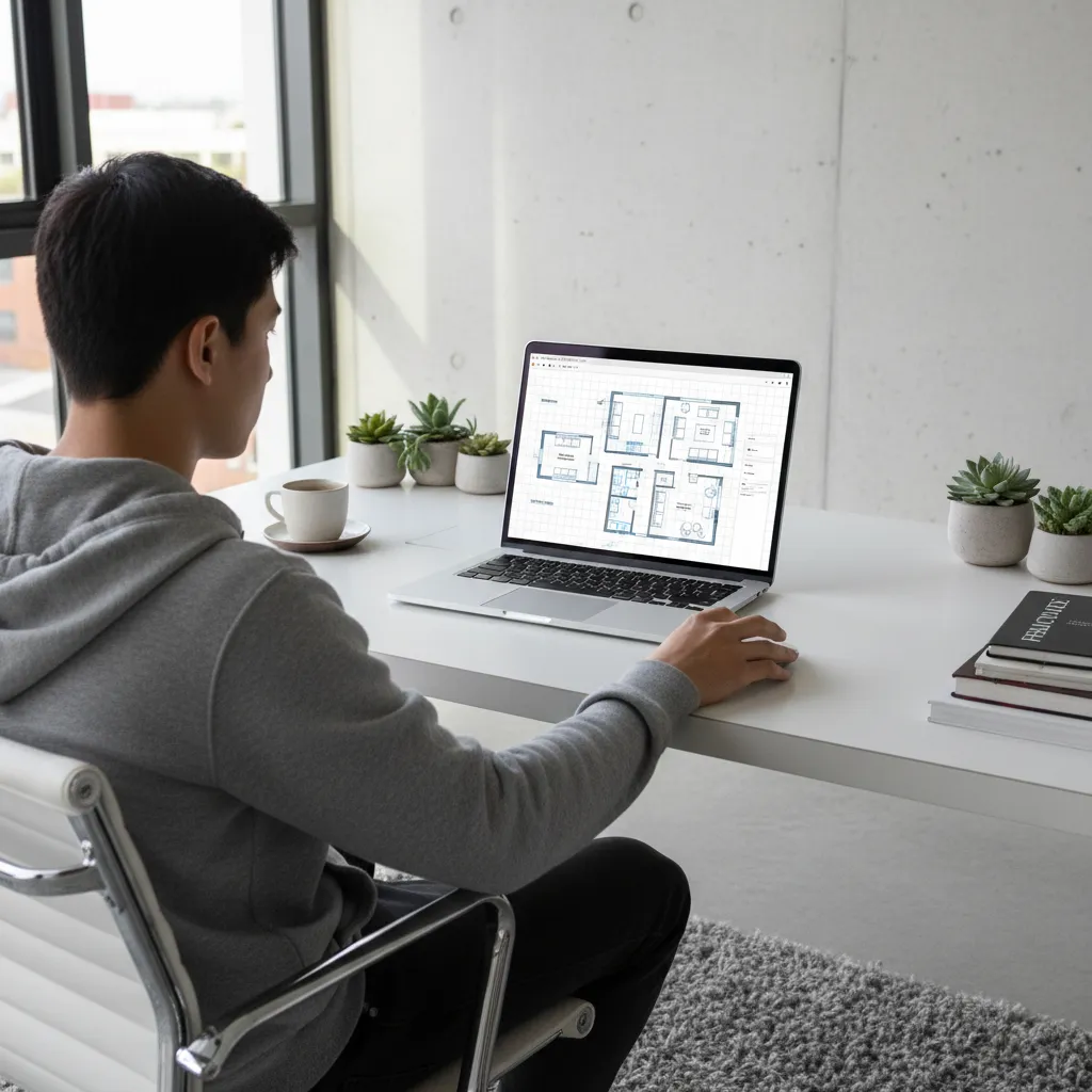 Person creating a home layout using a free floor plan creator on a laptop