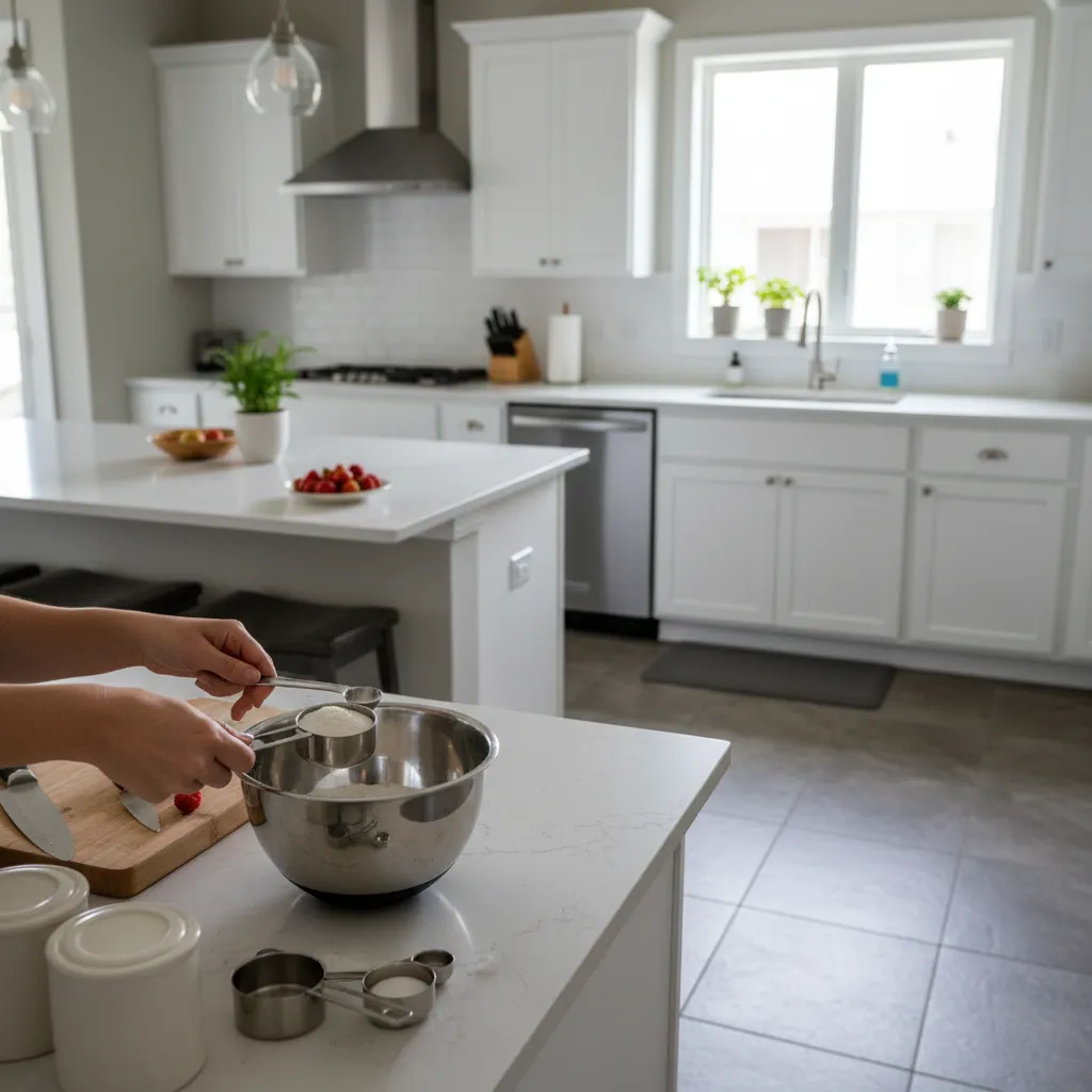 Cook using measuring cups and spoons in kitchen preparation area