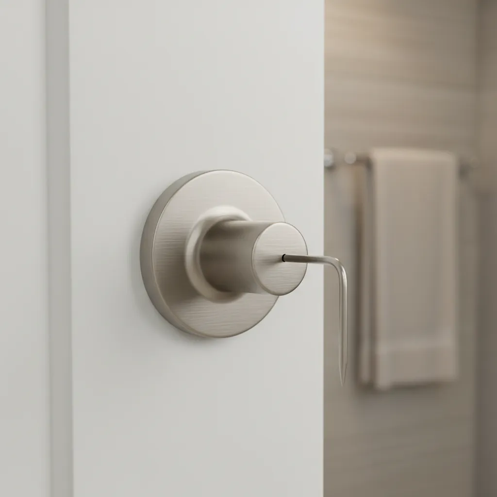 Using a thin pick tool to release bathroom thumb turn lock mechanism