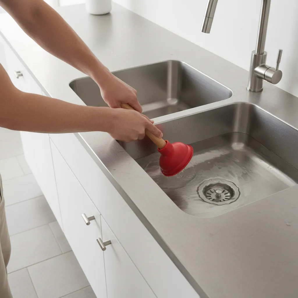 Rubber plunger being used on a kitchen sink drain
