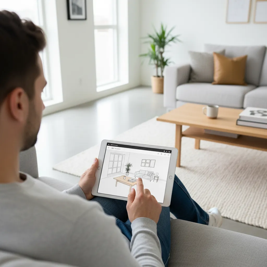 homeowner using a tablet room design app while sitting in a modern living room