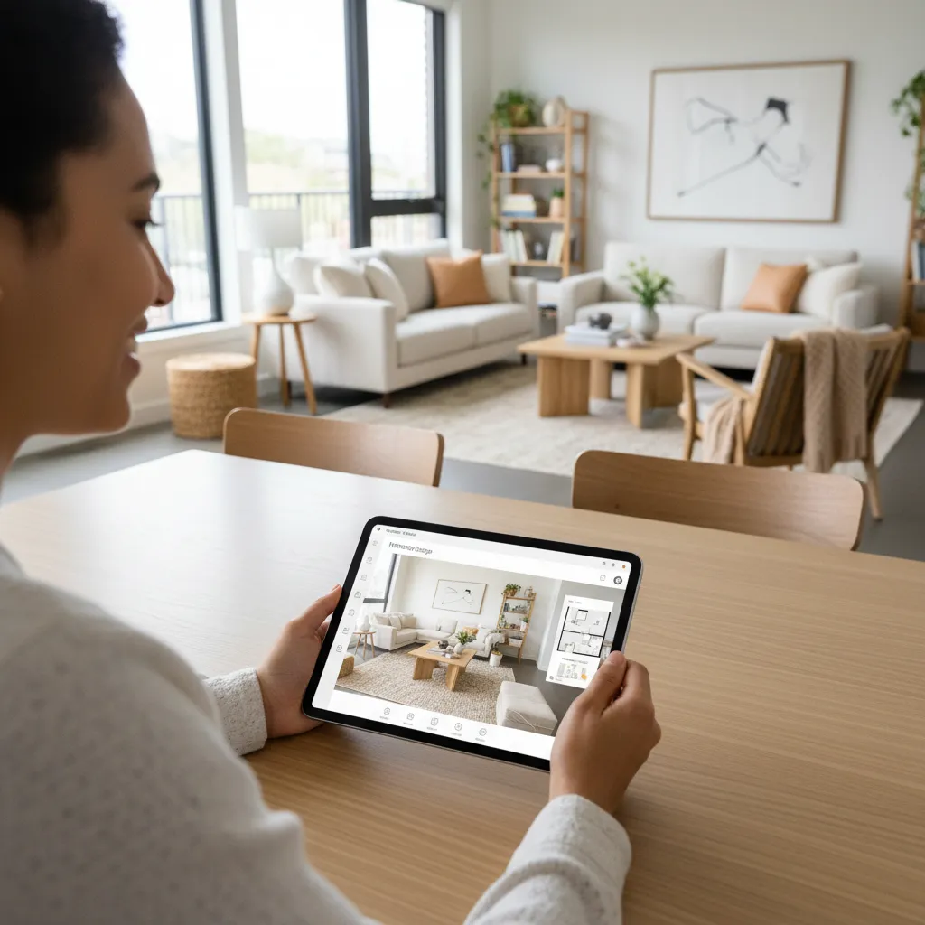 person using a tablet room design app to plan living room furniture layout