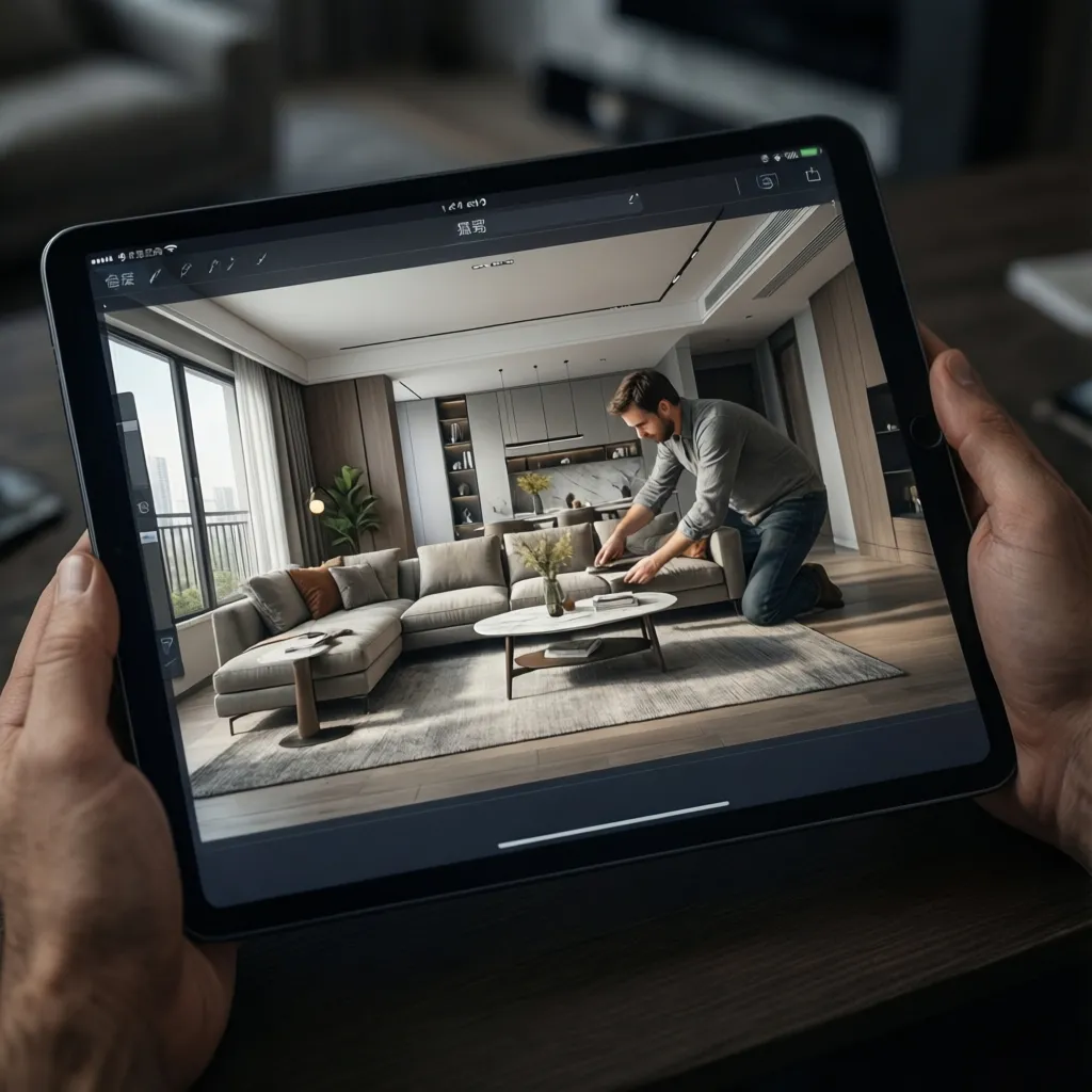 person using a tablet furniture layout app to design a living room floor plan