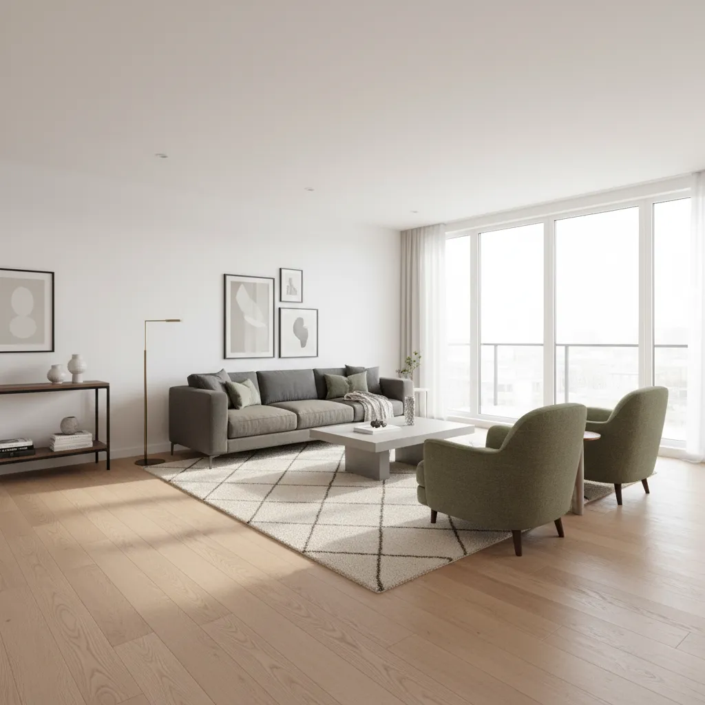 living room using large area rug and furniture placement to guide energy flow