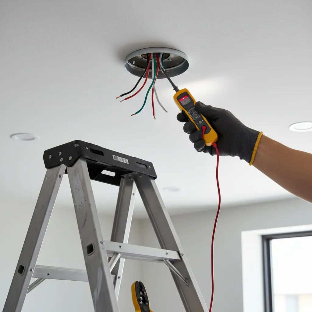 Hand using non contact voltage tester to verify power is off on ceiling light wires