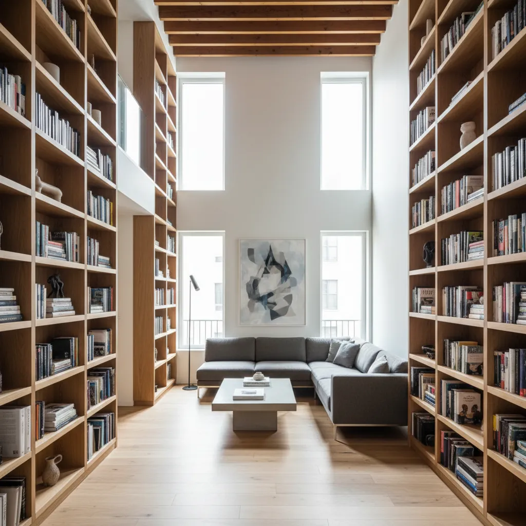 High ceiling living room with tall wooden bookshelves grey sofa coffee table and wood beams