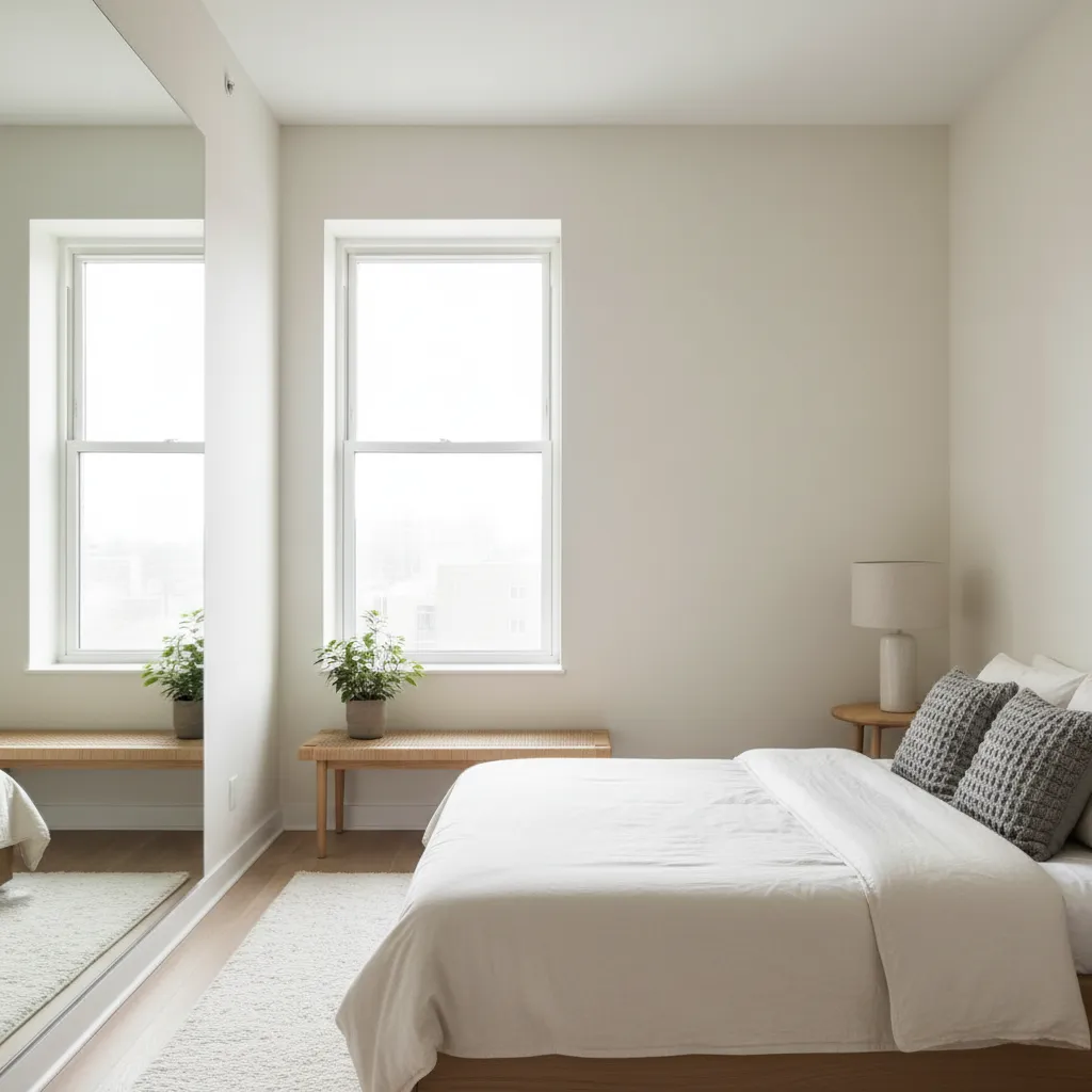 Minimalist bedroom with large wall mirror reflecting the bed window and a small wooden bench