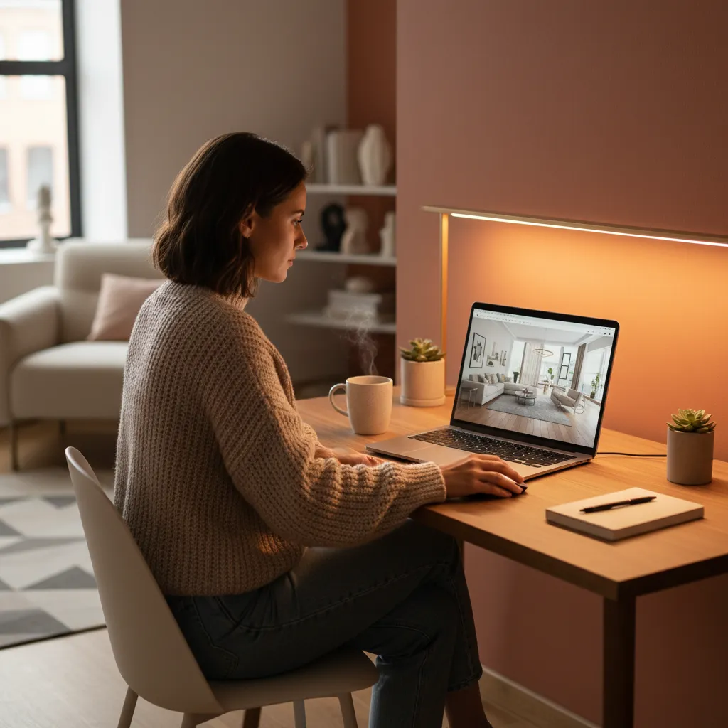 Persona usando software de diseño interior en casa