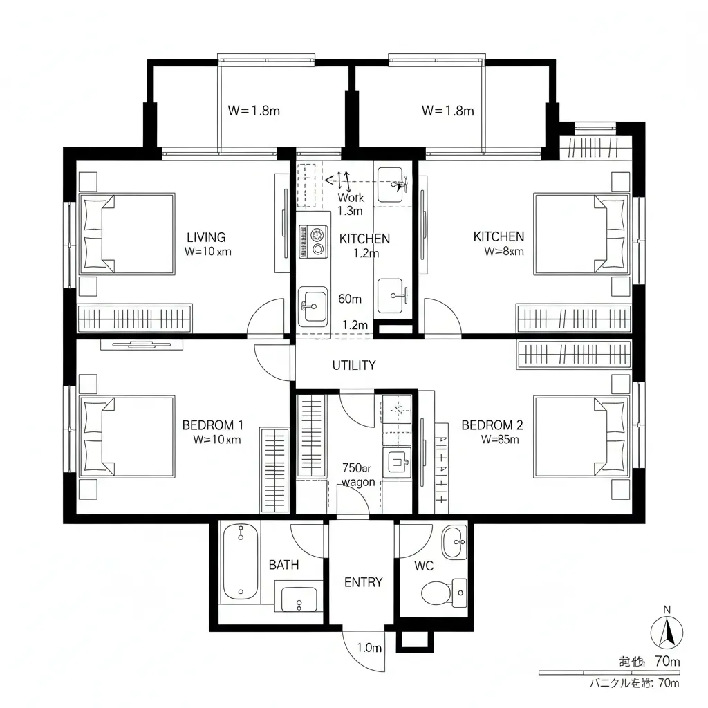 個室を緩く接続するユーティリティ帯