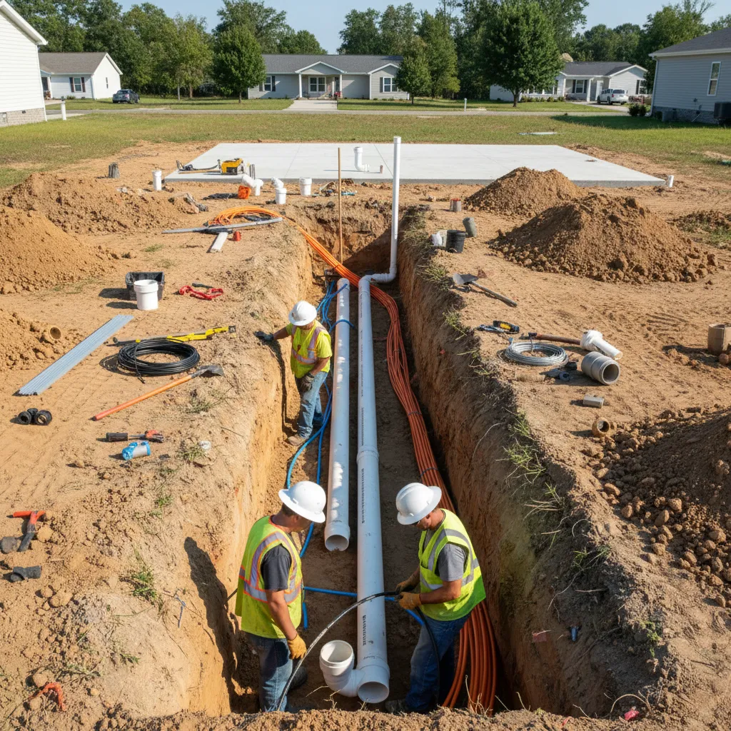 trenches and pipes for water sewer and electrical lines leading to a manufactured home site