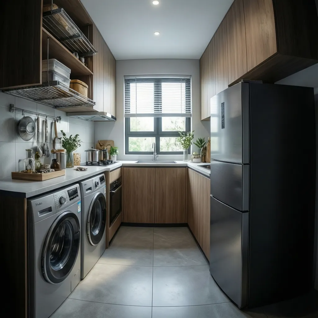 Utility room layout with refrigerator at end of washer dryer row