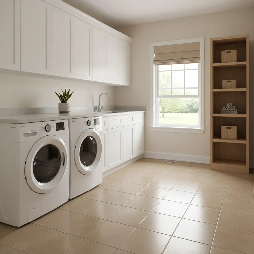 Laundry utility room with porcelain tile flooring and washer dryer setup