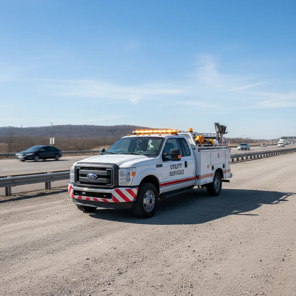 utility service truck with amber roof strobe light parked on roadside