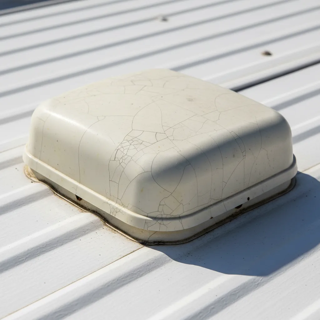 Close-up of a cracked RV vent cap caused by UV exposure
