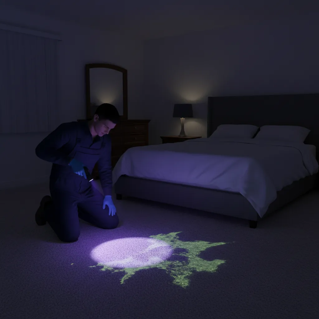 UV light revealing urine contamination on carpet during inspection