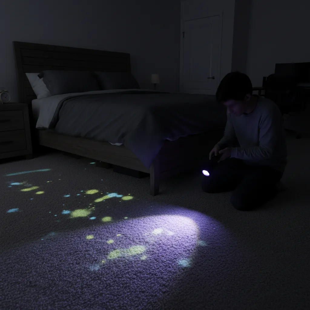 UV blacklight revealing urine stains on bedroom carpet