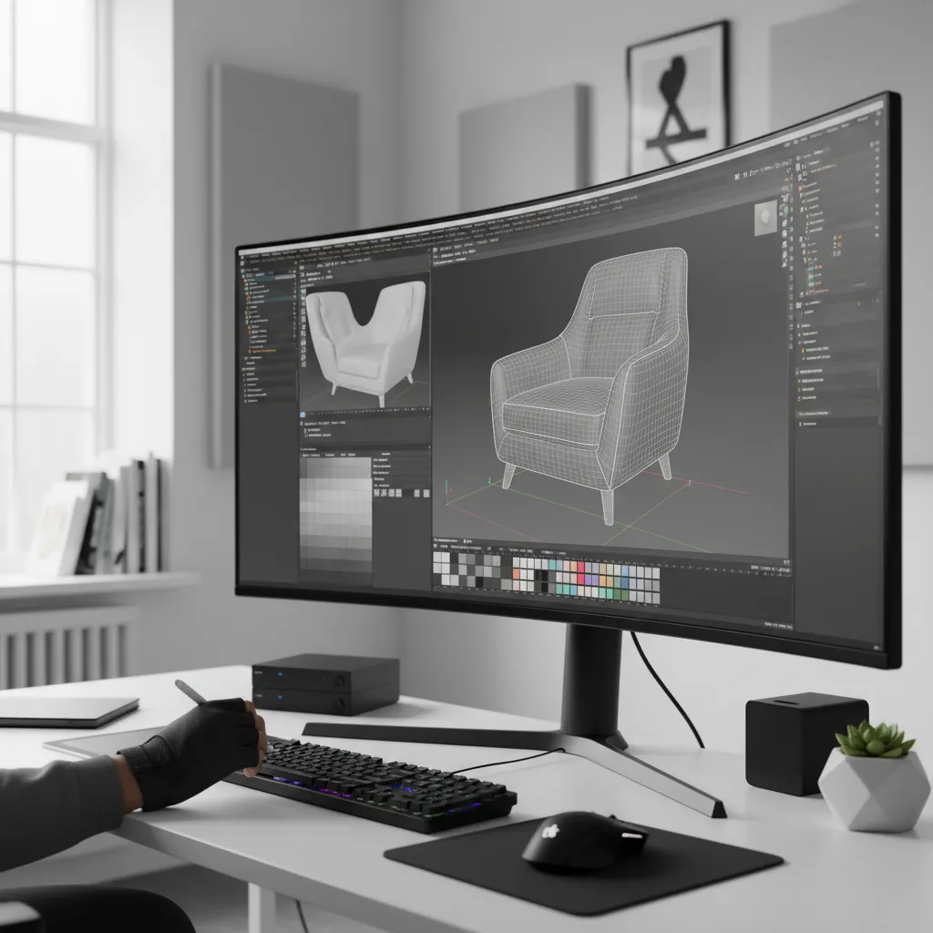 3D artist adjusting UV mapping and textures on a furniture model
