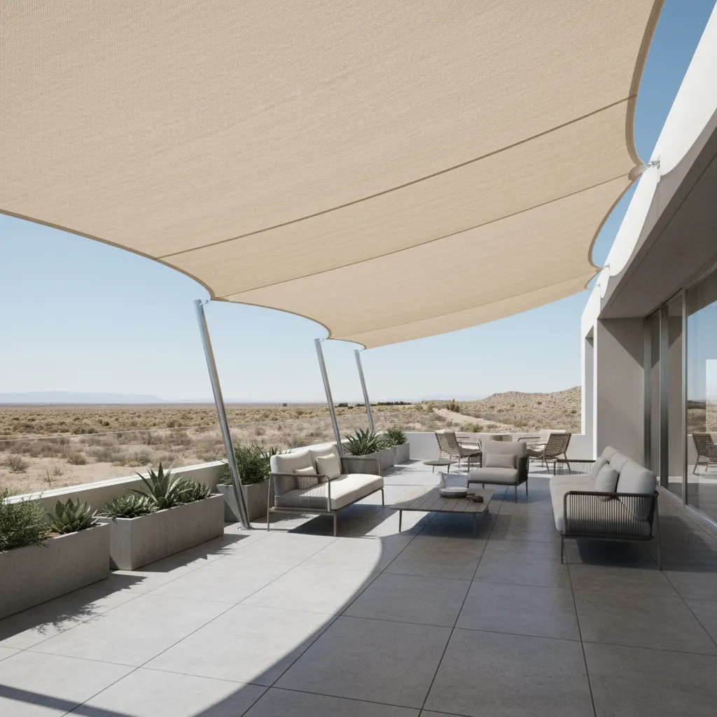 UV resistant patio awning shading a modern terrace in a hot climate