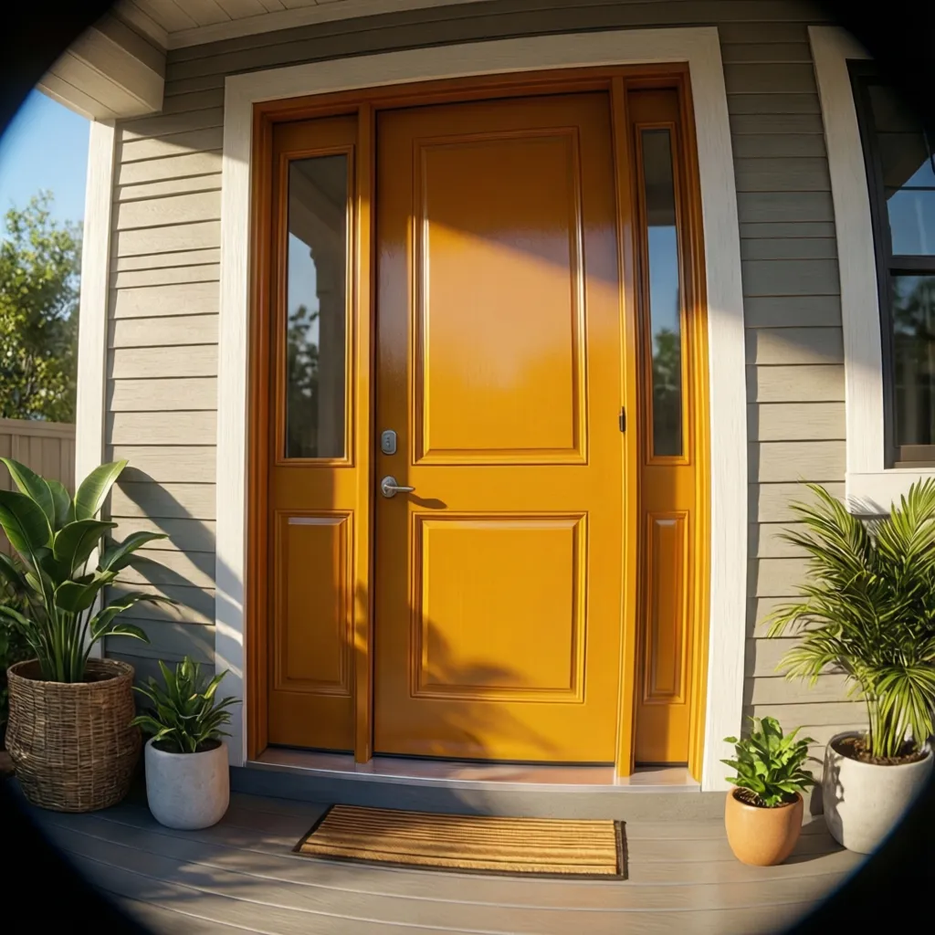 Bright painted front door in sunny climate with protective finish