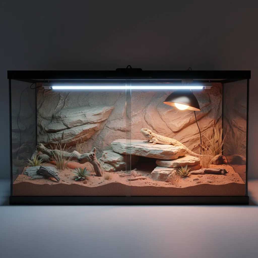 Terrarium lighting setup showing UVB tube and heat lamp together