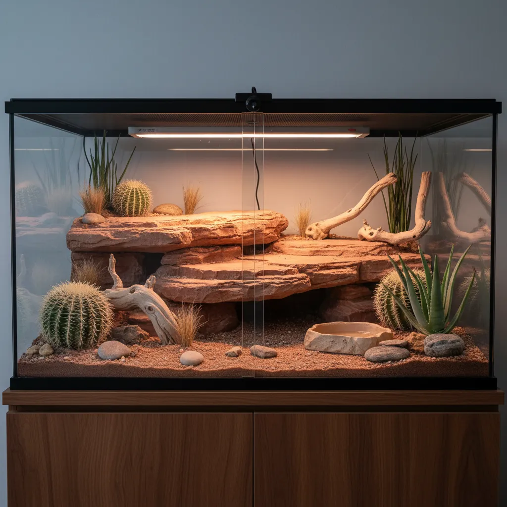 UVB tube positioned above basking platform in reptile enclosure