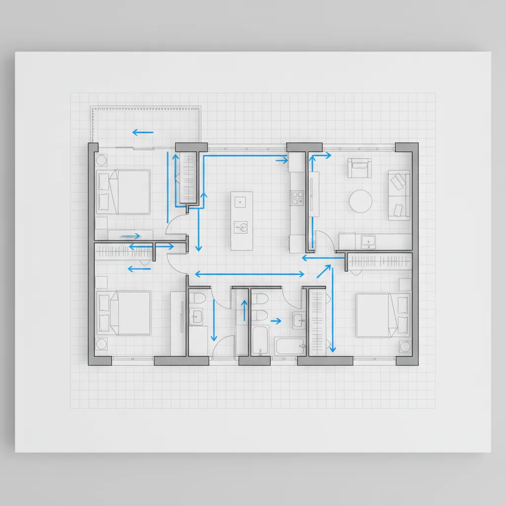 Plano de interior con análisis de recorridos y flujos de usuarios