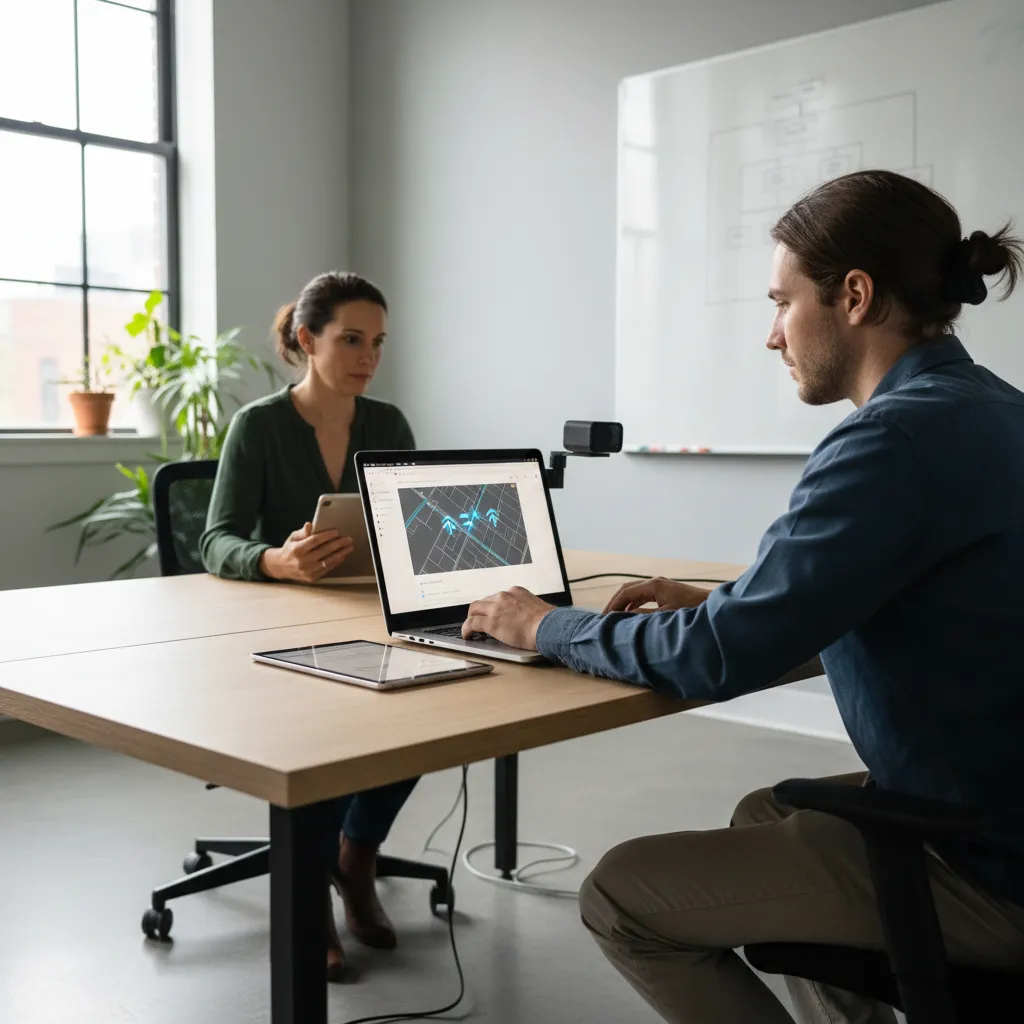 UX researcher testing navigation labels with a participant using a laptop interface