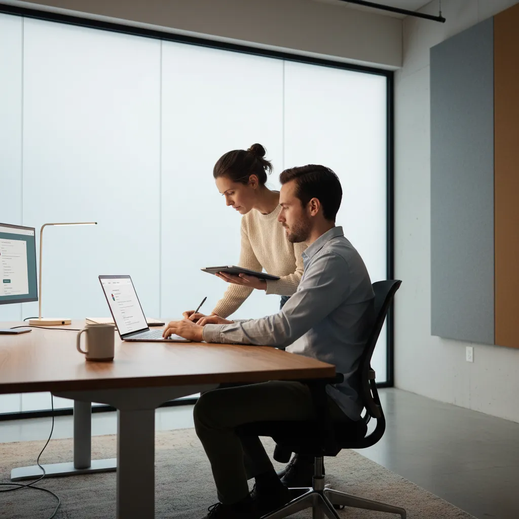 UX researcher testing navigation labels like Home and Dashboard with a user on a laptop interface