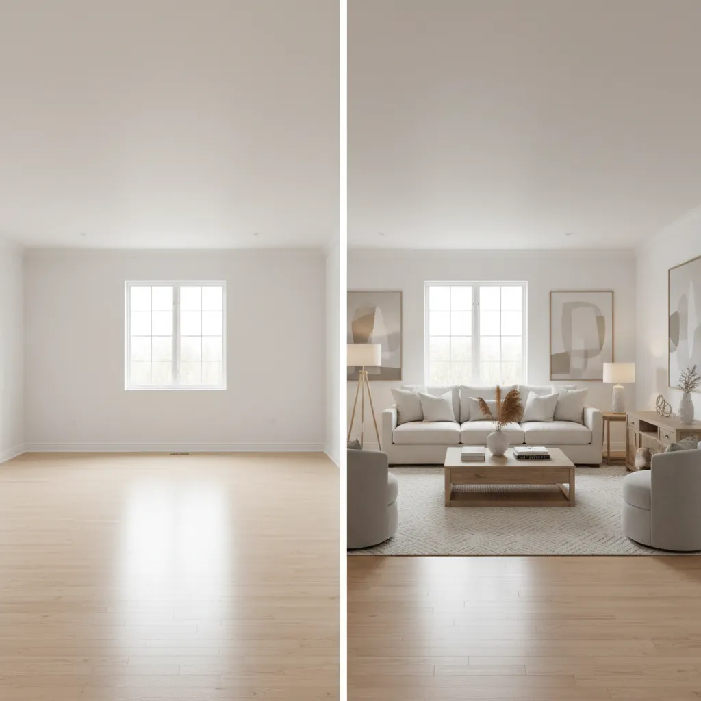 Comparison between empty room and staged living room to show staging value