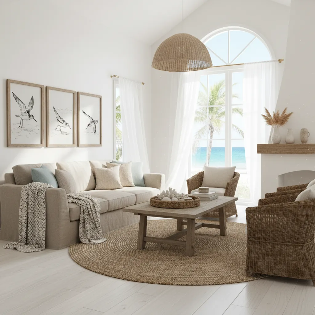Durable sandpiper wall decor inside a coastal vacation rental living space