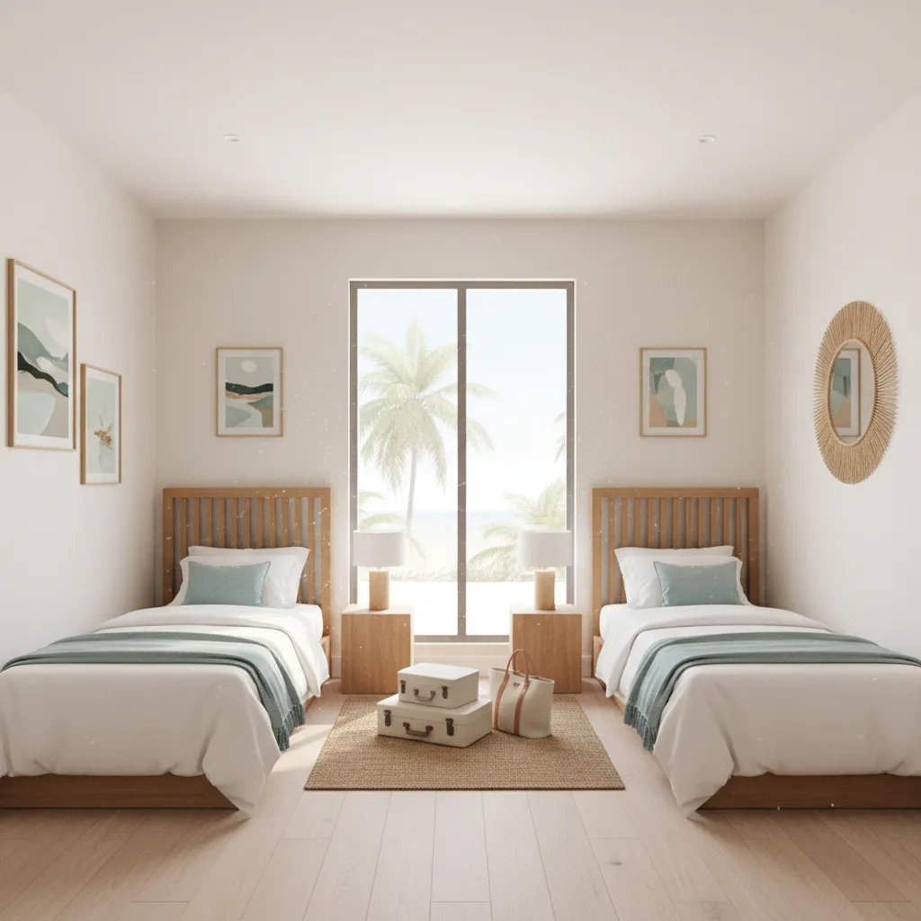 Vacation rental bedroom with two twin beds and central walking space