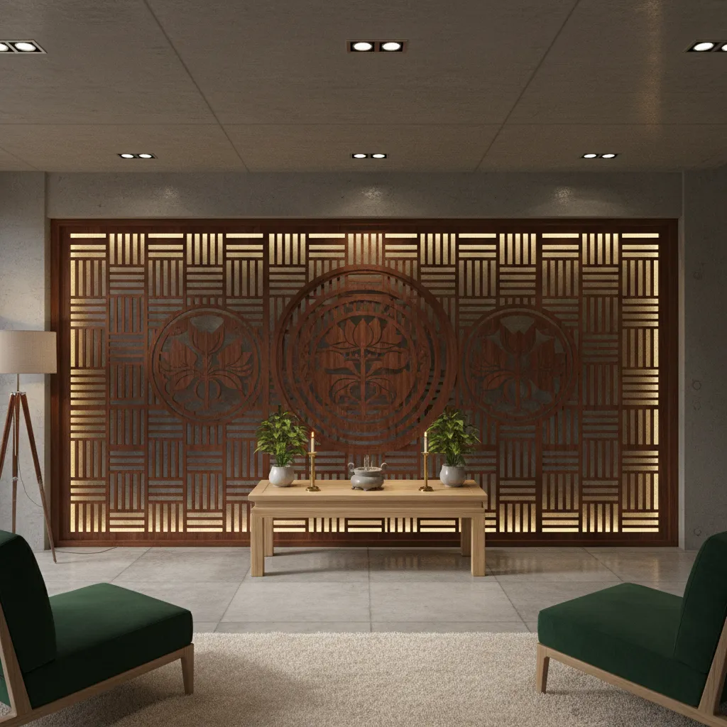 Large carved wooden wall panel with lotus patterns behind small table and two green sofas
