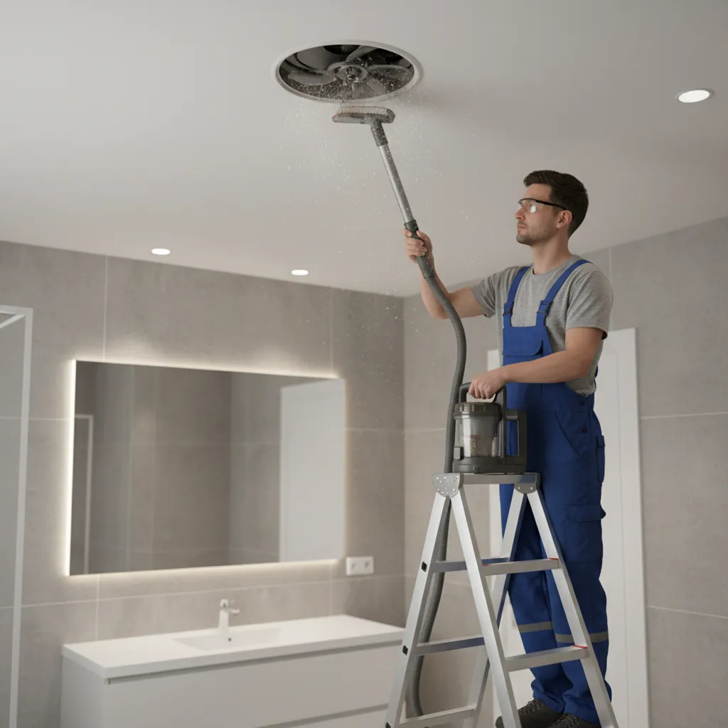 Using vacuum brush attachment to clean bathroom exhaust fan blades
