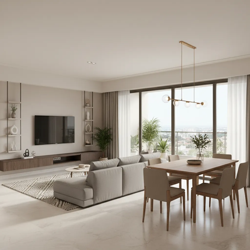 Open living and dining layout inside a modern 3 BHK apartment in Vadodara