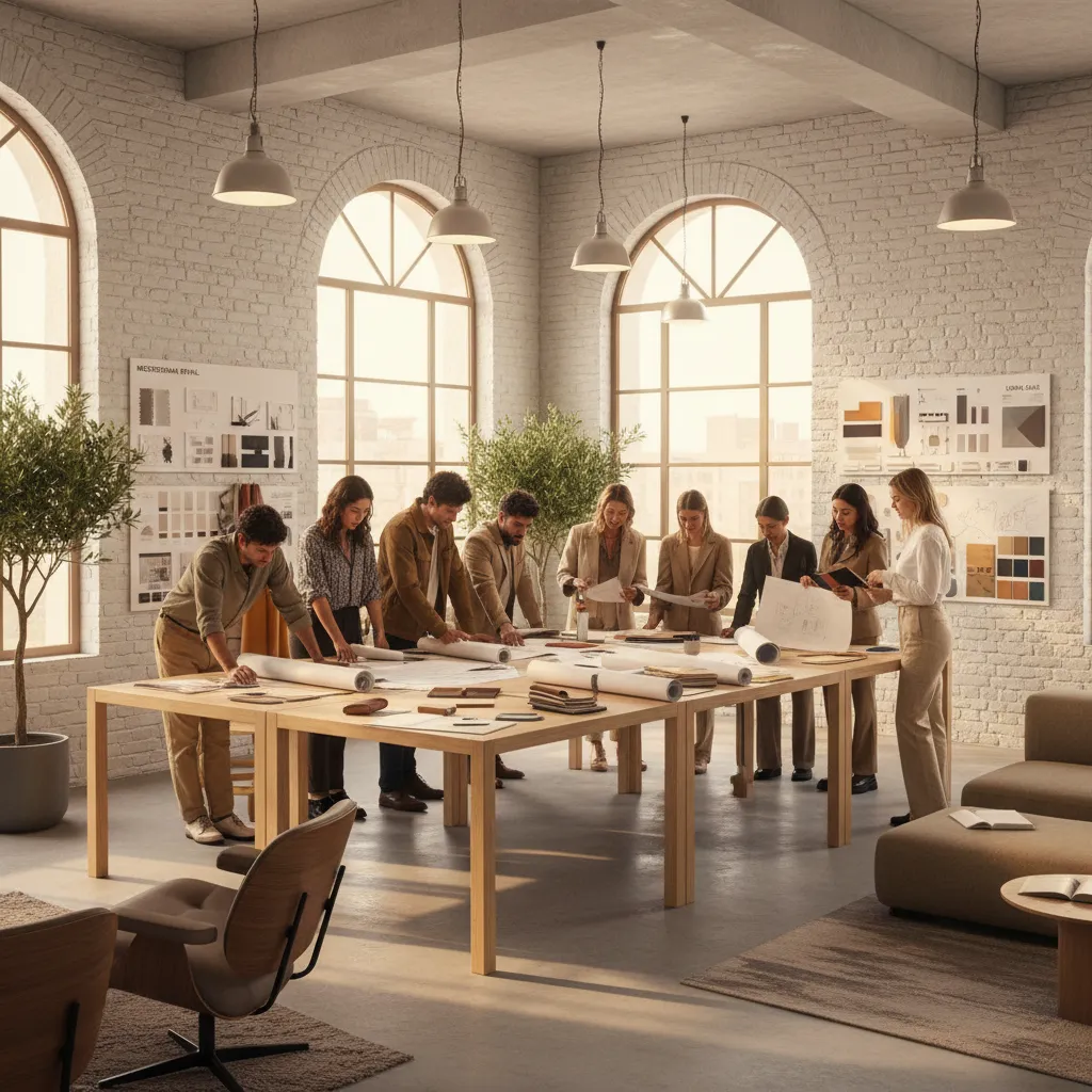 Aula de diseño interior con estudiantes revisando planos y muestras de materiales