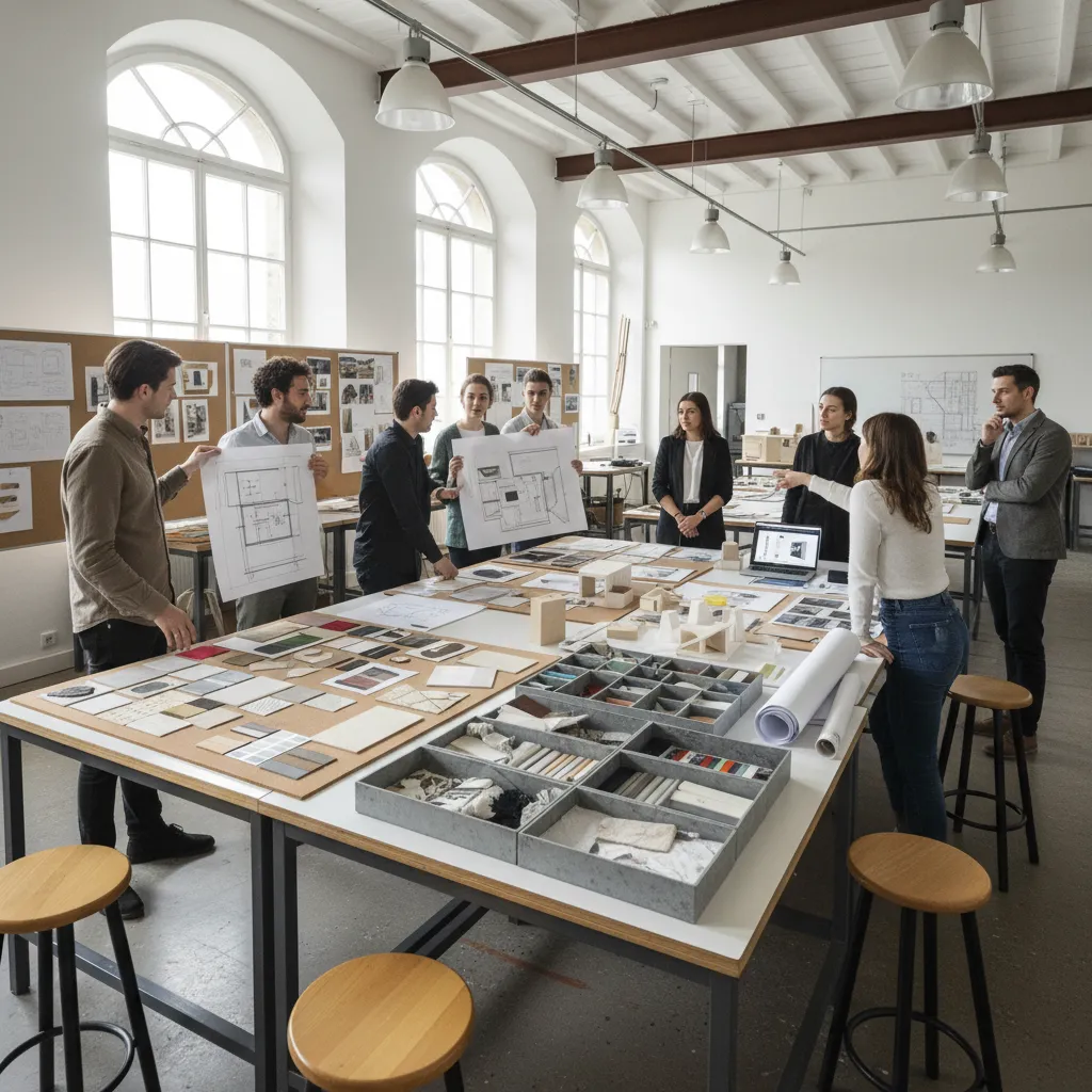 Aula de escuela de diseño con estudiantes revisando proyectos de interiorismo