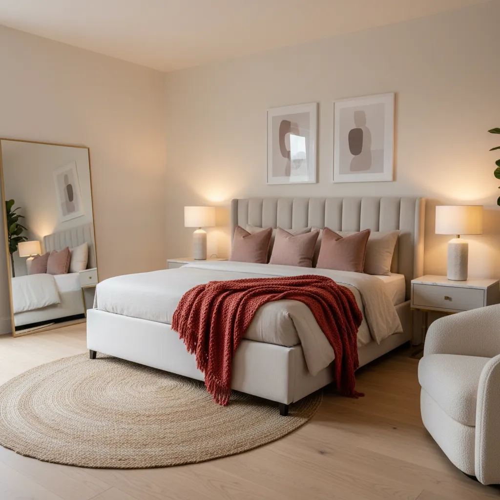 Bedroom with blush pink pillows red throw blanket and romantic accents