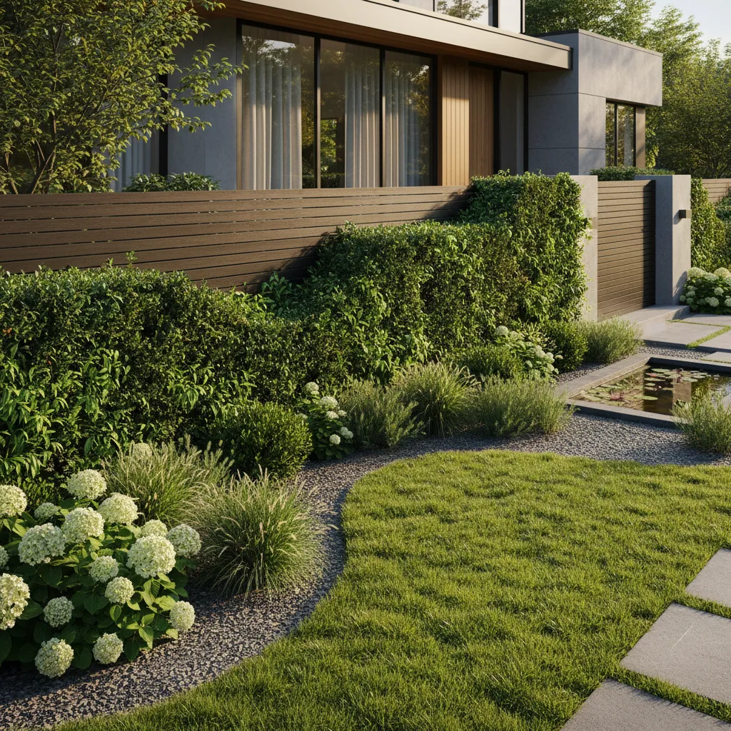 Valla moderna combinada con setos y vegetación